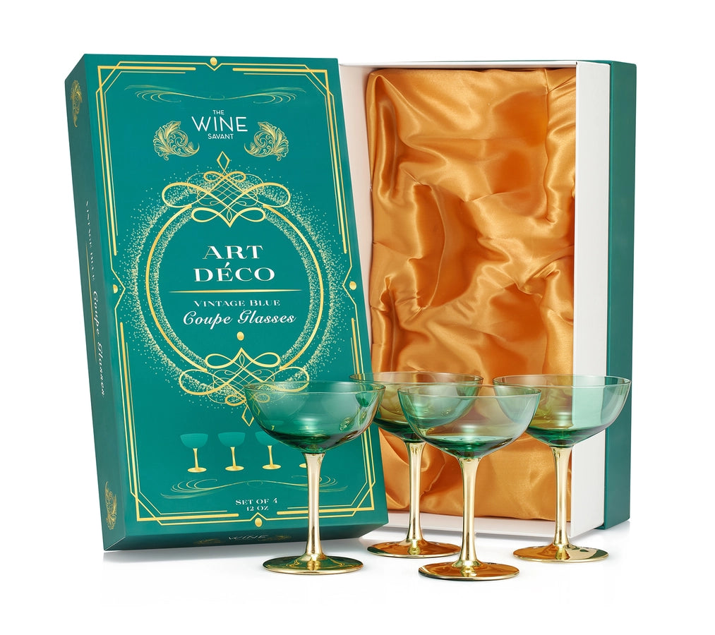 Gold & Green Coupe Art Deco Glasses, Gold | Set of 4