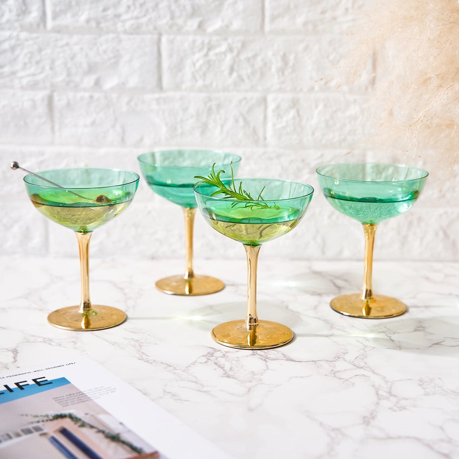 Gold & Green Coupe Art Deco Glasses, Gold | Set of 4