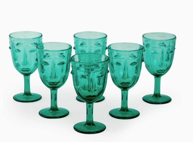 Teal Deco Face Wine Glasses (Set of 6)